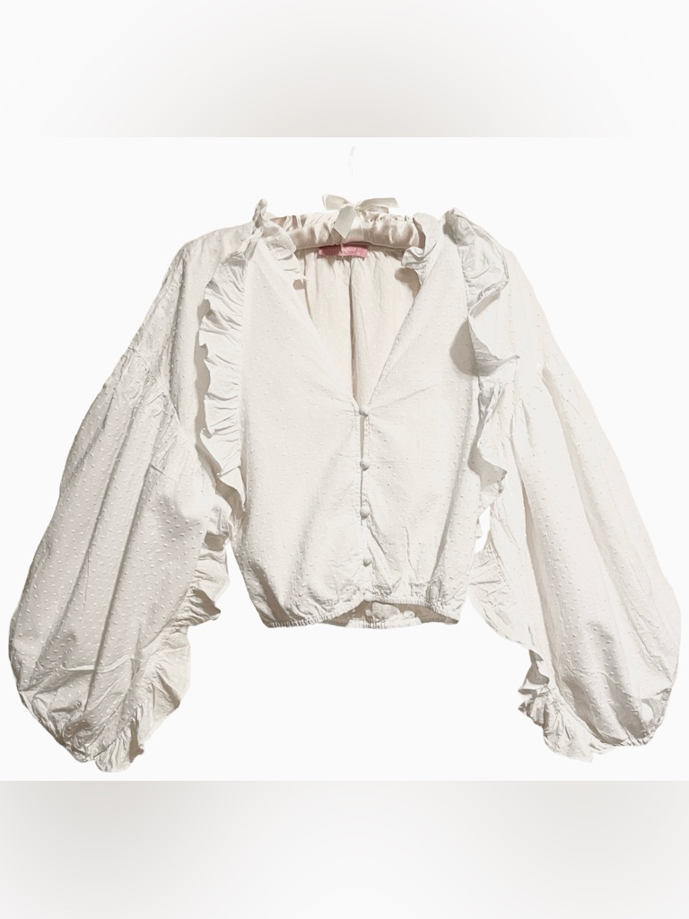 Jj’s Fairyland Puff Sleeved White Ruffled Button-Front Blouse M